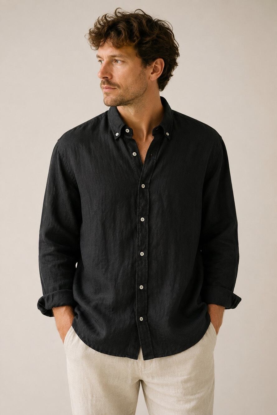 Magic Linen 100% Linen Button-Down Shirt | Size L | Charcoal Black